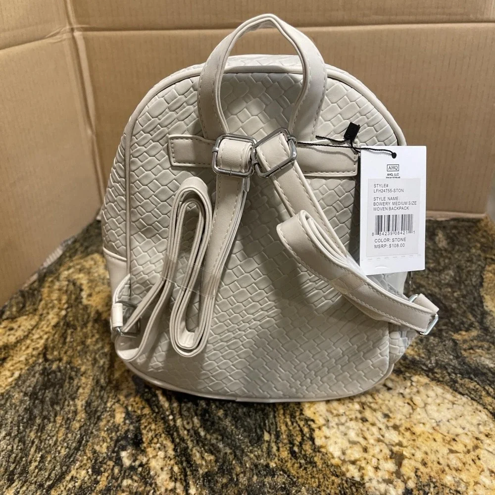London Fog‎ Backpack Womens Medium Stone Bowery Woven Faux Leather Logo NWT